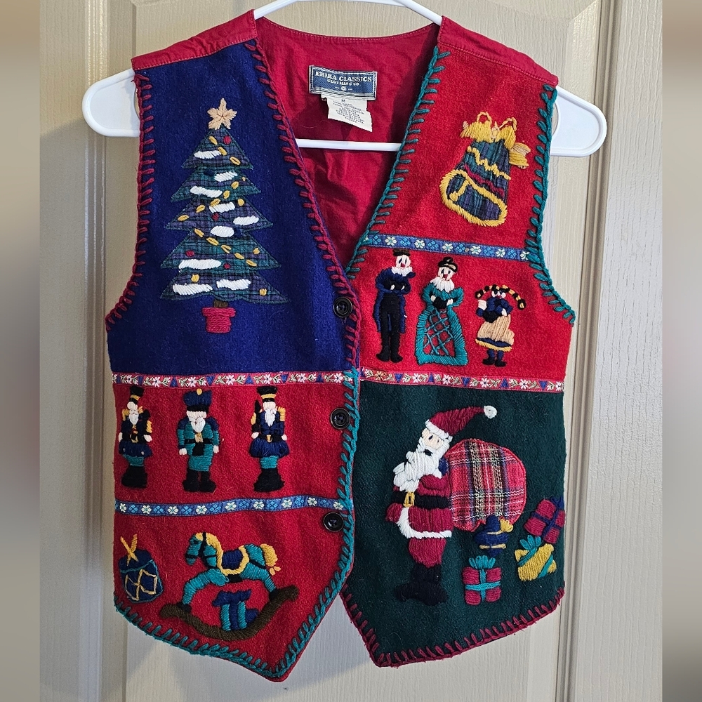 Vintage Erika Classics Embroidered Christmas Vest, Wool Blend Medium